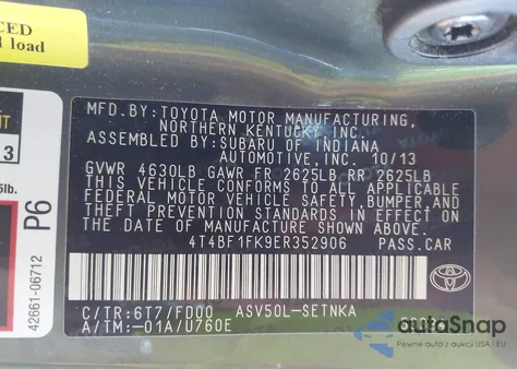 2014 Toyota Camry Le z USA, uszkodzony, nr VIN 4T4BF1FK9ER352906